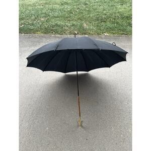 Vintage Antique Bakelite Wooden Crook Neck Handle Black Walking Umbrella Parasol